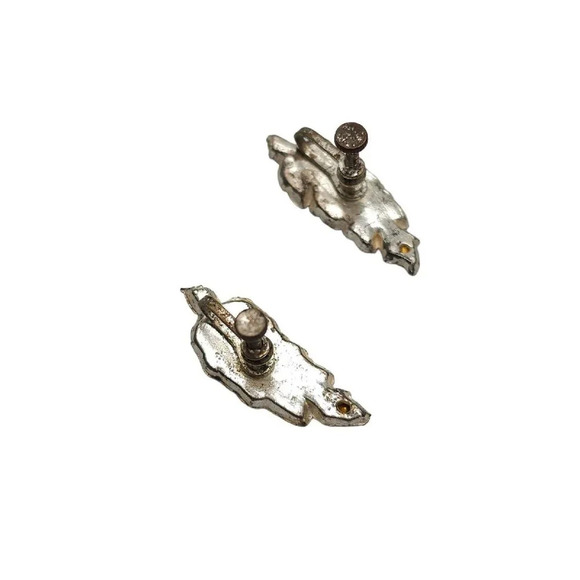 Clear Paste Rhinestone Silver Tone Leaf Screw Back Vintage Earrings - Picture 5 of 5